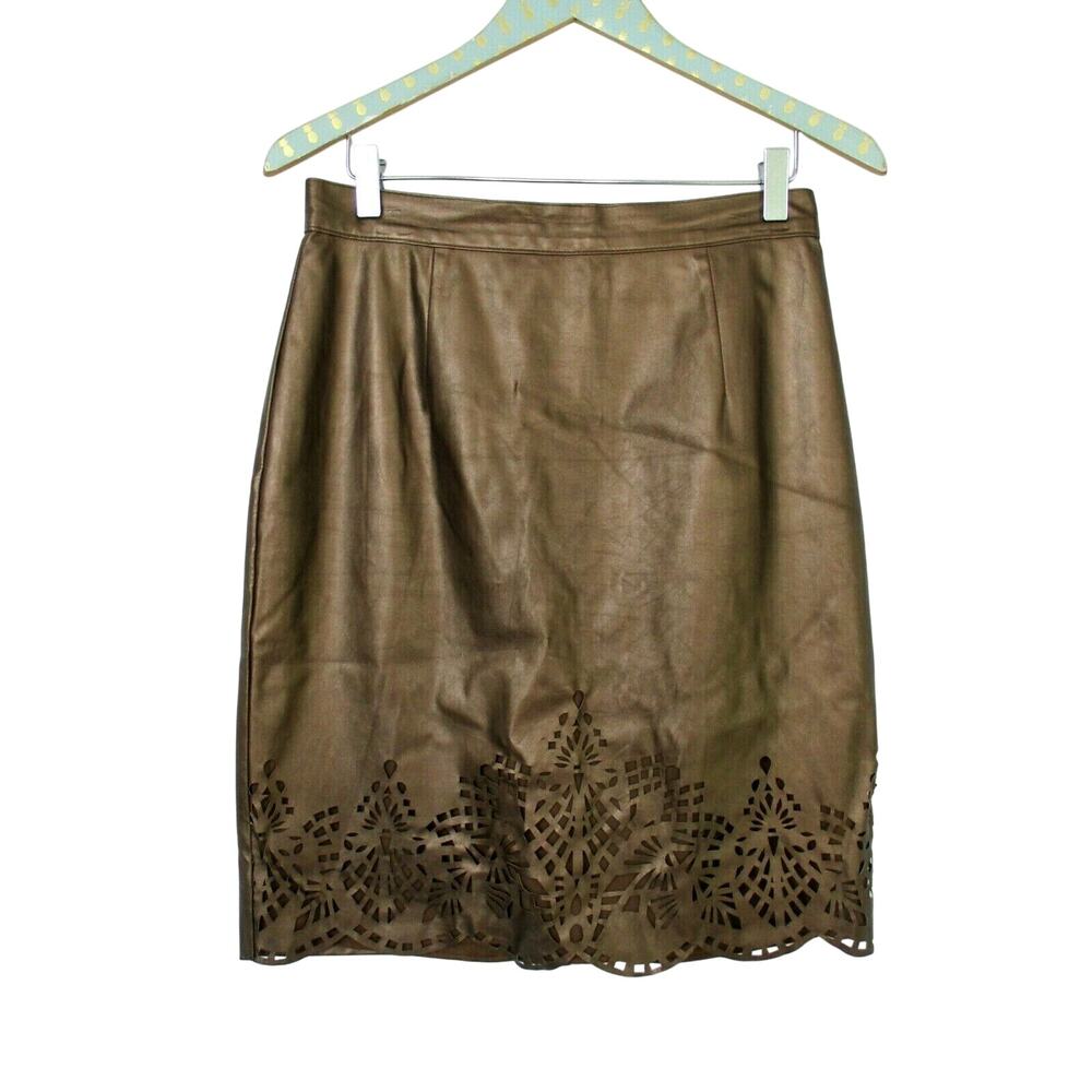 Antonio Melani Skirt Womens 6 Faux‎ Vegan Leather Gold Brown Bronze 29x22 Pencil